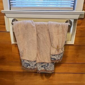 Croscill Home Fashions Three Towels Beaded Tan Blue Beaded Jacquard